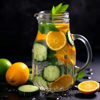 Water in a glass carafe with orange and cucumber. Fresh water with fruit. photo
