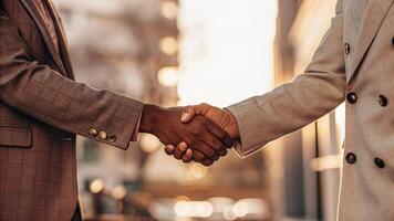 Two men shaking hands in front of a building photo