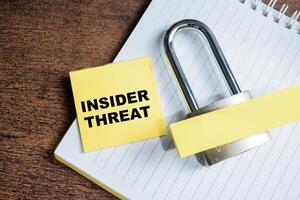 Concept of Insider Threat write on sticky notes and padlock isolated on Wooden Table photo