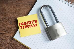 Insider Threat write on sticky notes and padlock isolated on Wooden Table. photo