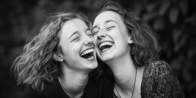 A group of joyful friends laughing cheerfully together in a stunning black and white photograph photo