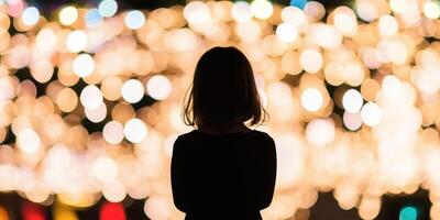 A Stunning Silhouette on Display Against a Backdrop of Colorful Bokeh Lights at Night photo