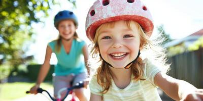 Joyful and cheerful kids riding their bikes under the bright summer sunlight and enjoying life photo