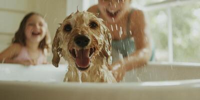 Joyful Pup Bath Time with Kids A delightful experience filled with fun and laughter photo