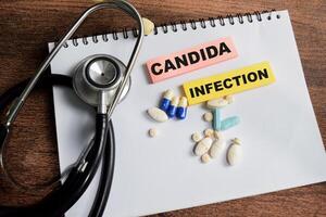Concept of Candida Infection write on sticky notes isolated on Wooden Table. photo