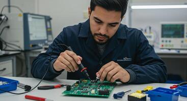 Technician examines circuit board. Electronics lab setting. Analyzing, testing photo