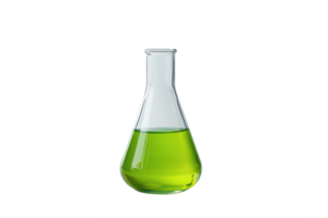 A glass flask with green liquid in it png