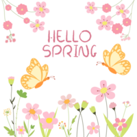Hello spring. Spring illustration with flowers, butterflies and text. Spring gentle background in pastel colors on a transparent background png