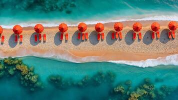 Relaxing on a beach with vibrant umbrellas and calm blue waters near the shore in a tropical paradise video