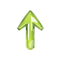A shiny green glass arrow pointing upwards against a plain in a studio setting transparent background png