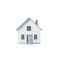 A simple white house with gray trim and a chimney isolated on a in a studio shot transparent background png