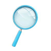 A close up shot of a blue magnifying glass with a in a studio setting transparent background png