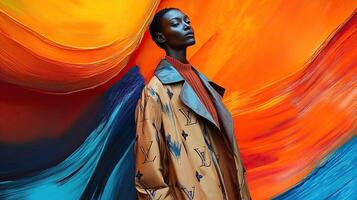 a woman in an orange coat standing in front of a colorful painting photo