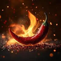 hot chili pepper on fire with sparks photo