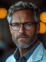 Confident Mature Man in Glasses and White Coat photo