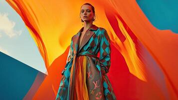 a woman in a colorful coat standing in front of an orange and blue background photo
