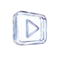 A clear glass play button icon with a triangle shape on a in a studio shot transparent background png