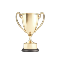 A shiny golden trophy with handles sitting on a black base against a image view transparent background png