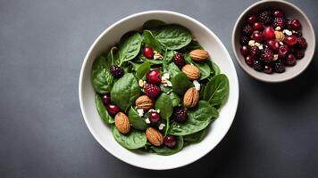 Spinach salad with cranberries and almonds photo