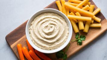 Hummus dip with carrots and celery photo