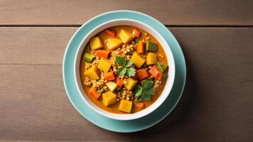 A bowl of curry with vegetables and rice photo