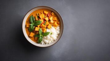 Thai curry with rice and basil on dark background photo