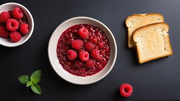 Raspberry jam with toast on a black background photo