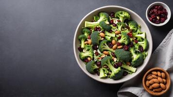 Broccoli salad with almonds and cranberries on a dark table photo