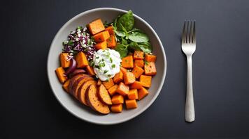 A plate with sweet potatoes, carrots and sour cream photo