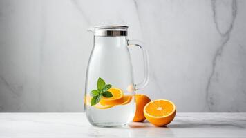 A pitcher with water and oranges on a marble counter photo
