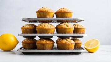 A stack of muffins with lemons on top photo