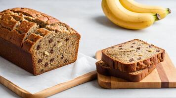 A loaf of banana bread on a cutting board next to a banana photo