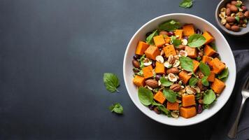 Sweet potato salad with nuts and herbs photo
