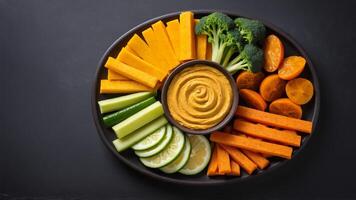 A plate with vegetables and dip on it photo