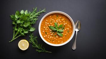 Chickpea and tomato soup with herbs and lemon on a black background photo