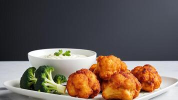 A plate of fried chicken and broccoli with a side of dip photo