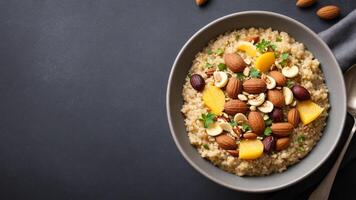 A bowl of oatmeal with nuts and oranges on a dark table photo
