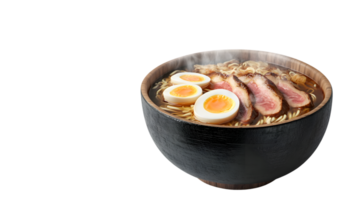 A steaming bowl of ramen with softboiled eggs and sliced meat perfect for culinary enthusiast png