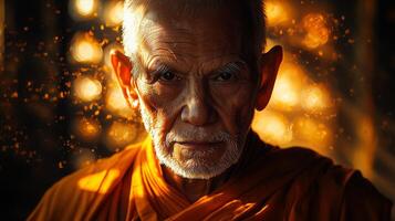 Portrait of a serene close up Buddhist monk in sunlight photo