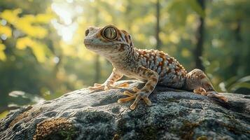 Close-up of a Gecko on a Rock in a Forest Setting photo