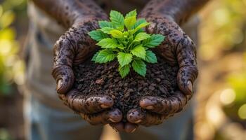 Hands Holding Fresh Soil with a Young Plant for Environmental Care photo
