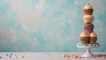 A Cupcake Tower on a Soft Pastel Backdrop. illustration photo