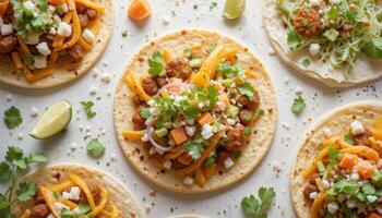 Colorful Tacos with Fresh Ingredients and Lime Slices on Surface photo