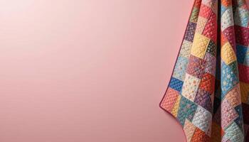Colorful Patchwork Quilt Draped on Soft Pink Background photo