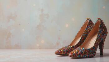 Colorful Bejeweled High Heels against Soft Background Decoration photo