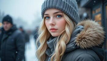 Young Woman with Blue Eyes Wearing Grey Knit Hat in Winter Setting photo
