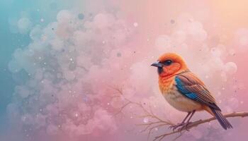 Colorful Bird on Branch with Soft Abstract Pastel Background photo