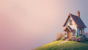 Charming Cottage Surrounded by Flowers on a Hill at Sunset photo
