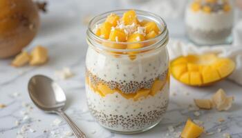 Refreshing Mango Chia Seed Parfait in a Glass Jar with Toppings photo