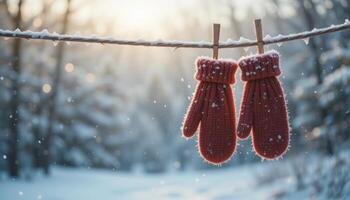 Cozy Red Mittens Hanging on a Line in Winter Wonderland Scene photo